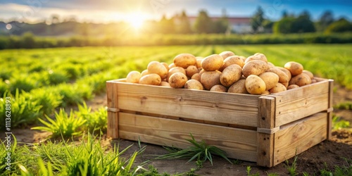 Wooden box full of potatoes on table in a green field on a sunny day, potatoes, wooden box, table, green field, sunny day