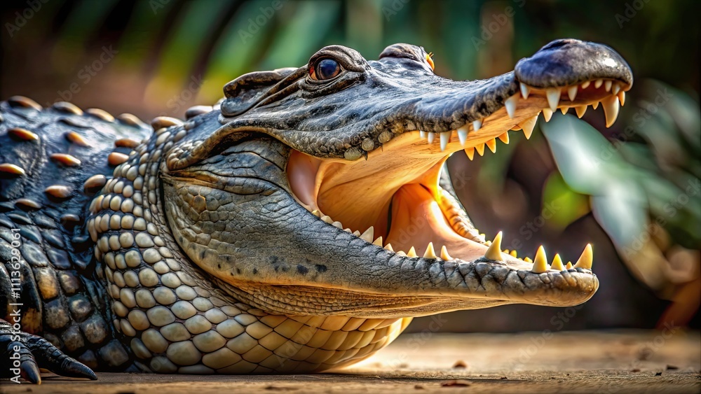Obraz premium Powerful alligator with open mouth showing sharp teeth, Alligator, crocodile, predator, reptile, dangerous, jaws, teeth