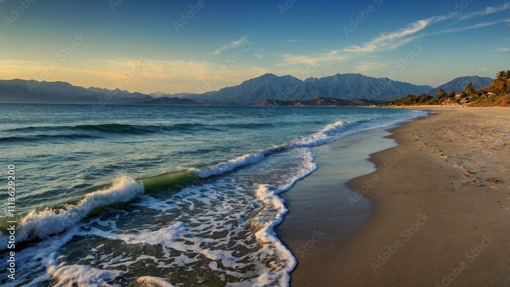 Fototapeta premium Waves gently crash on a tranquil beach at sunset near a mountain range