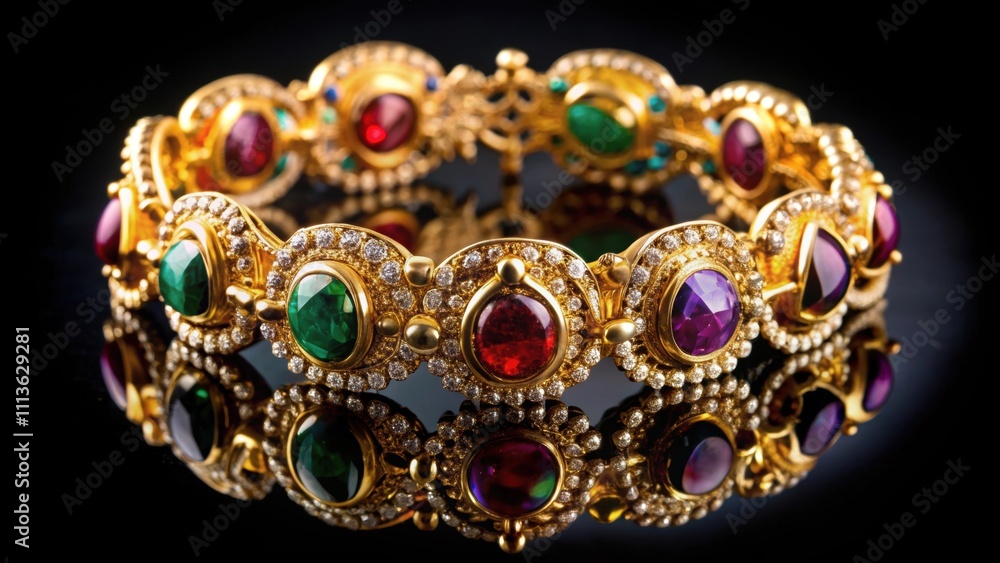 Golden bracelet with precious stones on a black background, luxury, jewelry, elegant, shiny, accessory, fashion Golden bracelet with precious stones on a black background, luxury, jewelry, elegant, shiny, accessory, fashion