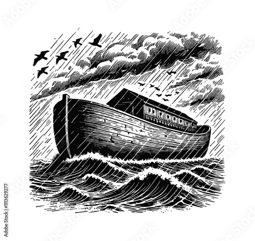 wooden ark floating on the water during a heavy storm engraving black and white outline