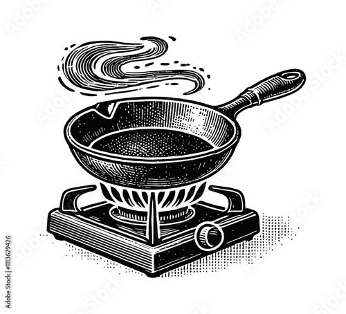 frying pan and stove with steam engraving black and white outline