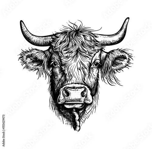 scottish highland cow engraving black and white outline