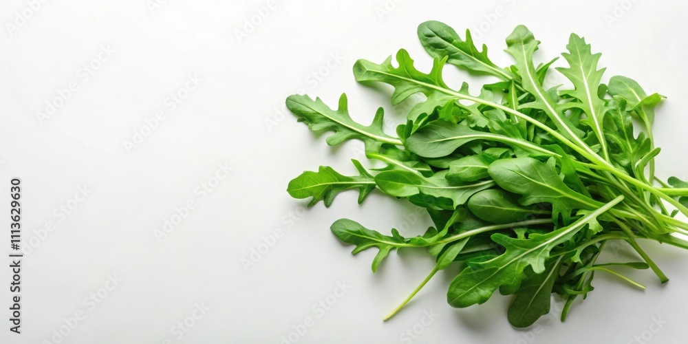 Top view of fresh arugula leaves on a white background, arugula, greens, leafy, organic, salad, vegetarian, ingredient, healthy Top view of fresh arugula leaves on a white background, arugula, greens, leafy, organic, salad, vegetarian, ingredient, healthy