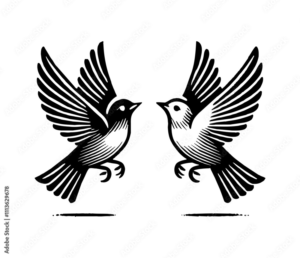Obraz premium bird fly engraving black and white outline