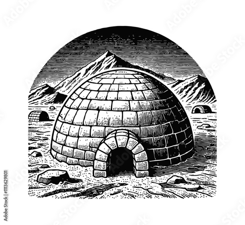 igloo engraving black and white outline