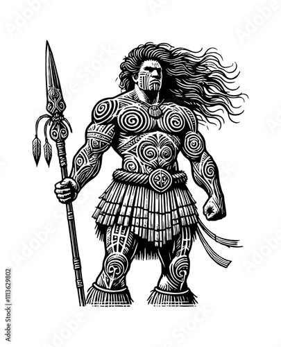 powerful Maori tribe warrior, standing tall, wearing traditional tribal attire made of woven materials