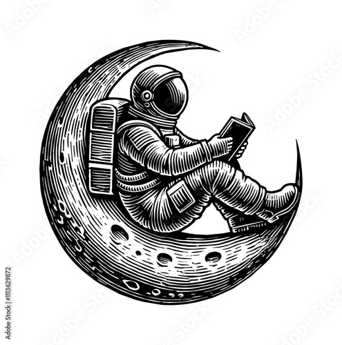 astronaut sitting on a crescent moon and reading book engraving black and white outline