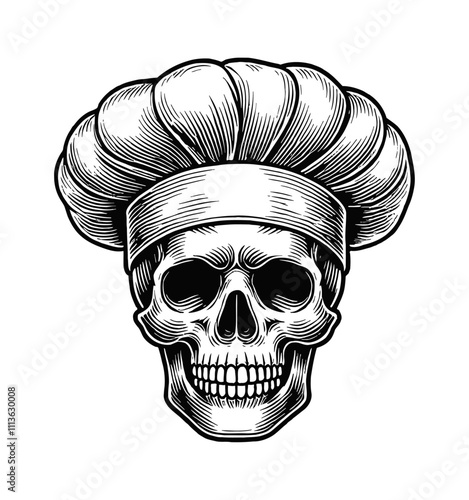 skull chef hat engraving black and white outline