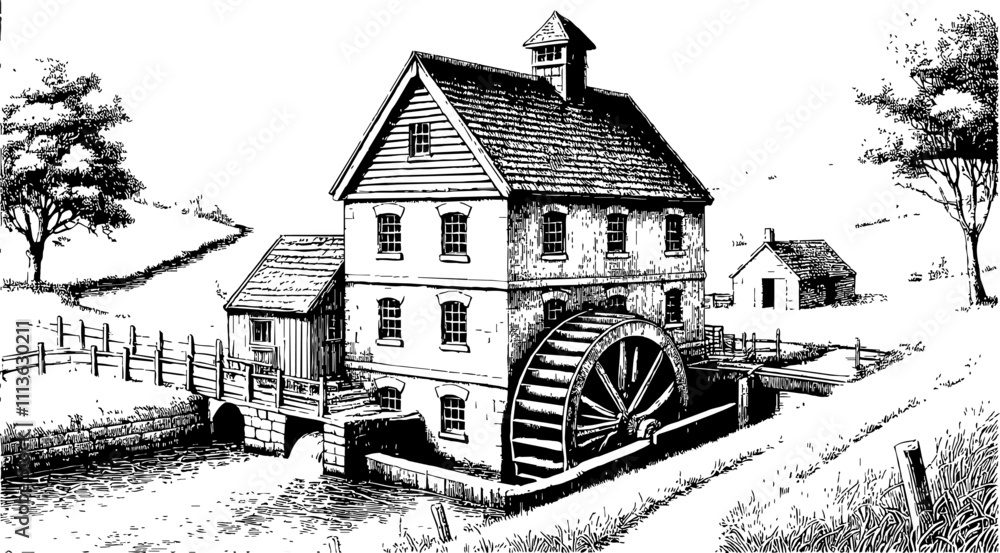 Fototapeta premium traditional watermill in a rural landscape, with a river flowing beneath the house. engraving black and white outline