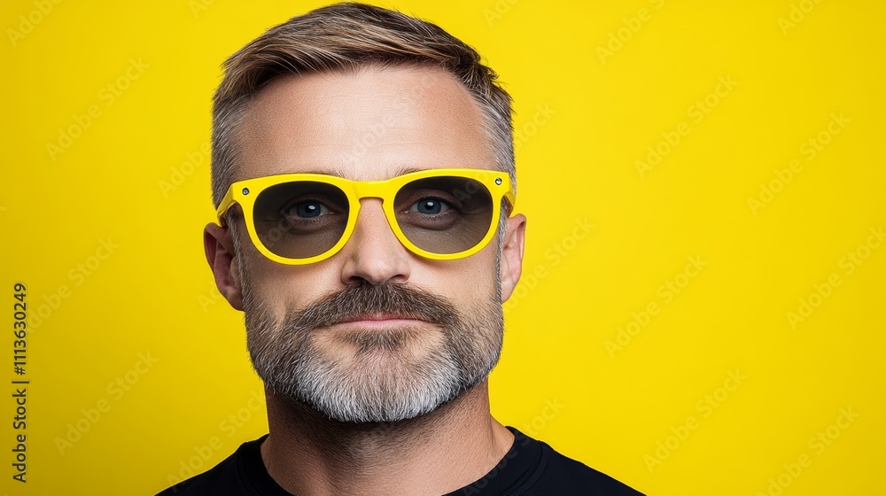 Man with a mustache and glasses is wearing a yellow pair of sunglasses. The sunglasses are black and have a yellow frame. The man is smiling and looking directly at the camera Man with a mustache and glasses is wearing a yellow pair of sunglasses. The sunglasses are black and have a yellow frame. The man is smiling and looking directly at the camera