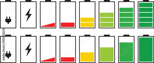 Battery charge level indicator icon set. Discharged and fully charged battery. level battery energy. Battery charging signs. Vector illustration isolated on transparent background.