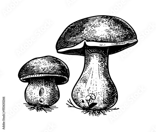 mushroom boletus engraving black and white outline