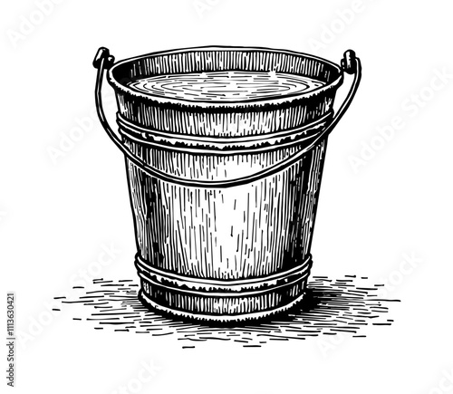 wooden bucket water engraving black and white outline