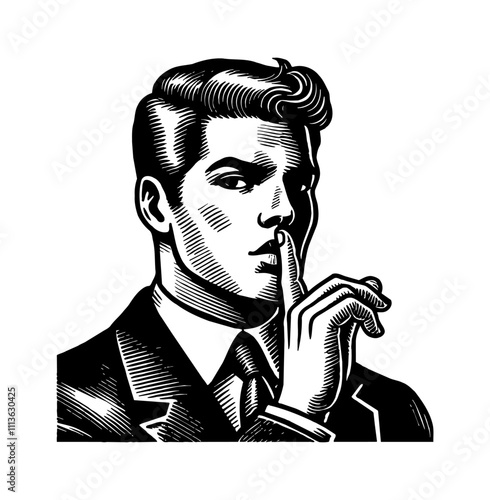 man wear suit and do silence hand gesture engraving black and white outline