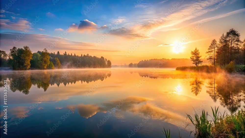 Fototapeta premium Misty morning sunrise over a tranquil lake , mist, morning, sunrise, tranquil, lake, nature, fog, sunlight, reflection