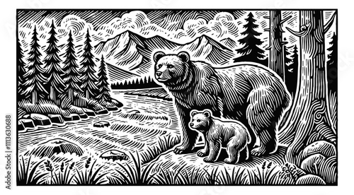 mother bear cub mountain forest river engraving black and white outline
