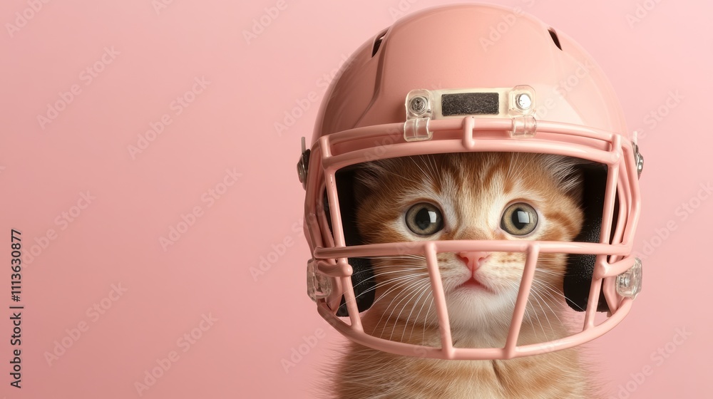 Kitten wearing a pink football helmet. The kitten is looking at the camera with a curious expression Kitten wearing a pink football helmet. The kitten is looking at the camera with a curious expression