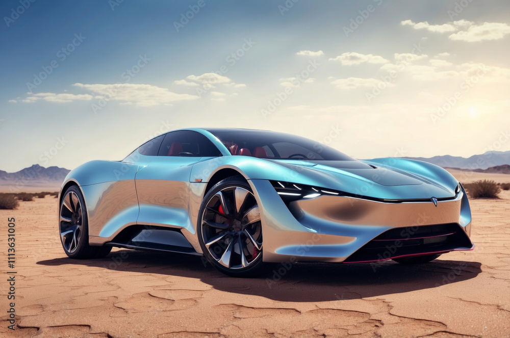Naklejka premium Futuristic electric sports car parked in a desert landscape under blue sky