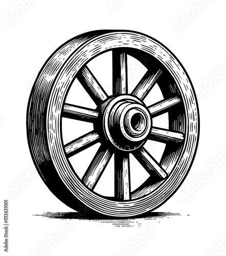 wooden wheel engraving black and white outline