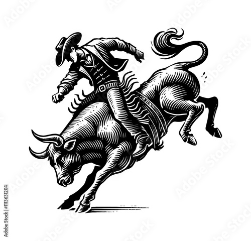 cowboy rodeo bull engraving black and white outline