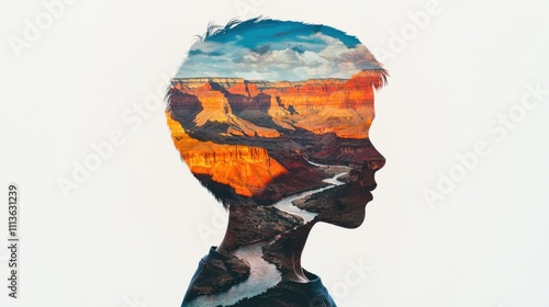 Majestic Grand Canyon Landscape Silhouette of a Boy with Vibrant Natural Scenery and Clouds in an Artistic Double Exposure