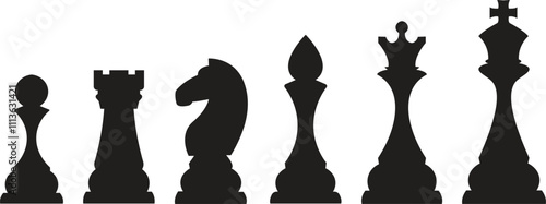 Chess piece flat silhouette icons set. Smart board game elements. Chess icon vector illustration for web design isolated on white background. King, queen, bishop, pawn, horse, knight, rook.