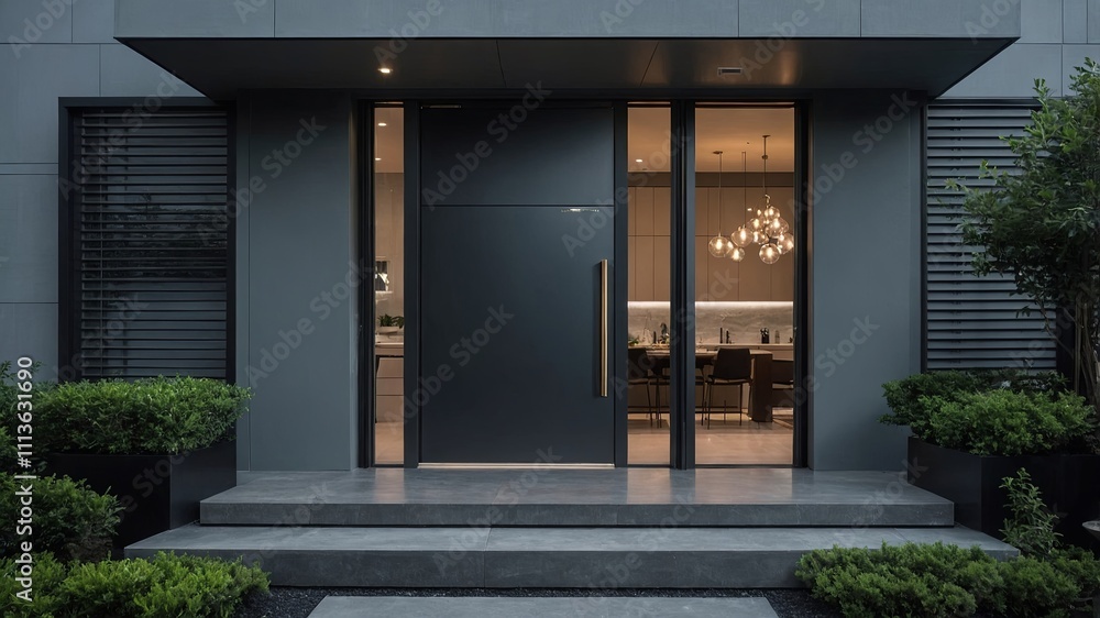 Modern house entrance with sleek design and warm interior lighting at night Modern house entrance with sleek design and warm interior lighting at night