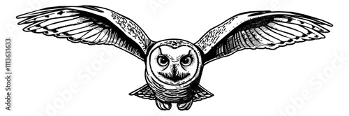 snowy owl fly engraving black and white outline
