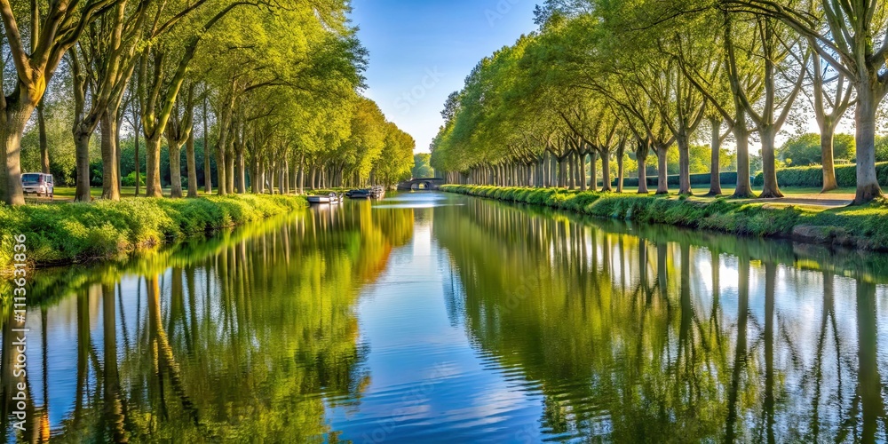 Fototapeta premium Tranquil banks of the Canal du Midi in Toulouse, France, waterway, reflection, trees, nature, serene, peaceful
