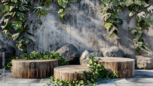 Wooden Display Stands With Greenery Against A Concrete Wall