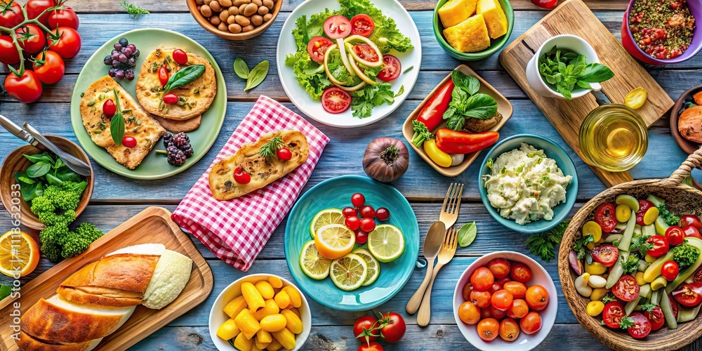 Summer table set with a variety of fresh and colorful food , BBQ, picnic, outdoor dining, al fresco, fruits, vegetables Summer table set with a variety of fresh and colorful food , BBQ, picnic, outdoor dining, al fresco, fruits, vegetables