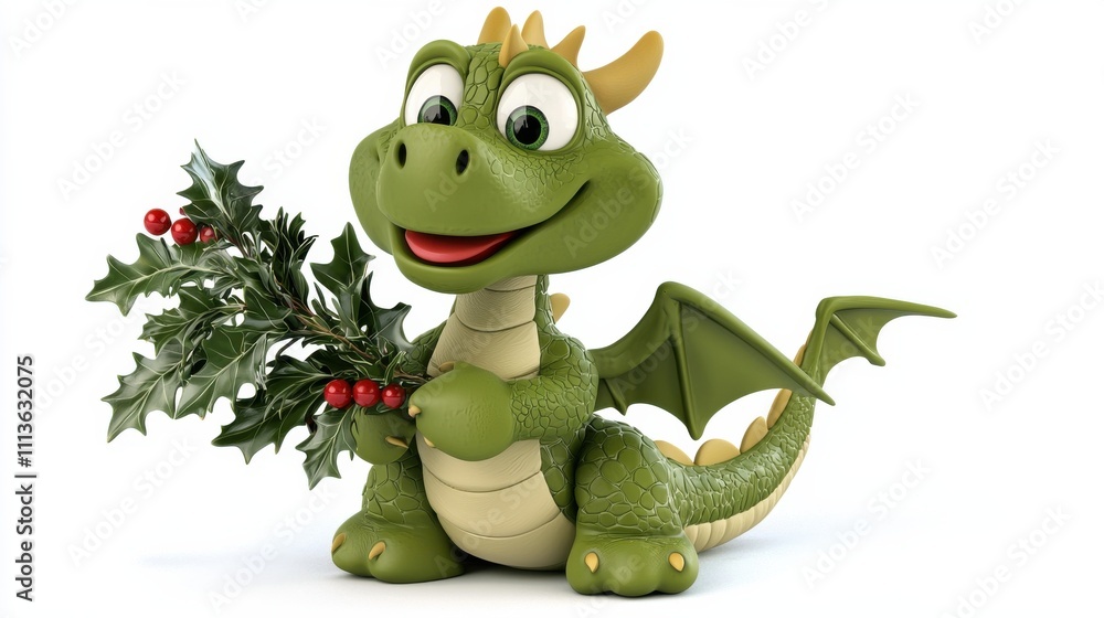 Fototapeta premium Cute Green Dragon with Christmas Holly Sitting and Smiling