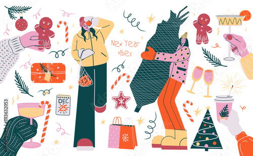 Festive Vector Illustration in Modern Doodle Style. Christmas and New Year Elements with People Decorating, Gift Wrapping, and Celebrating. Bright Colors, Playful Design for Holiday Themes