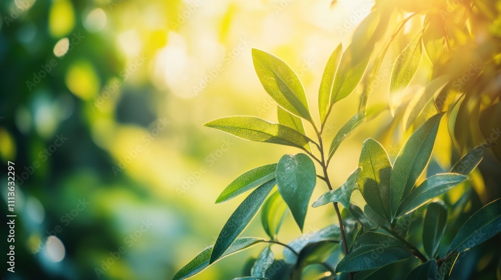 Sunlit Green Leaves Dew Drops Nature Scene Sunlit Green Leaves Dew Drops Nature Scene