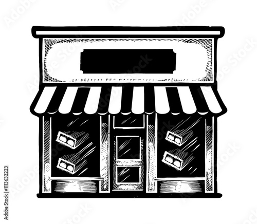 retro shop building engraving black and white outline