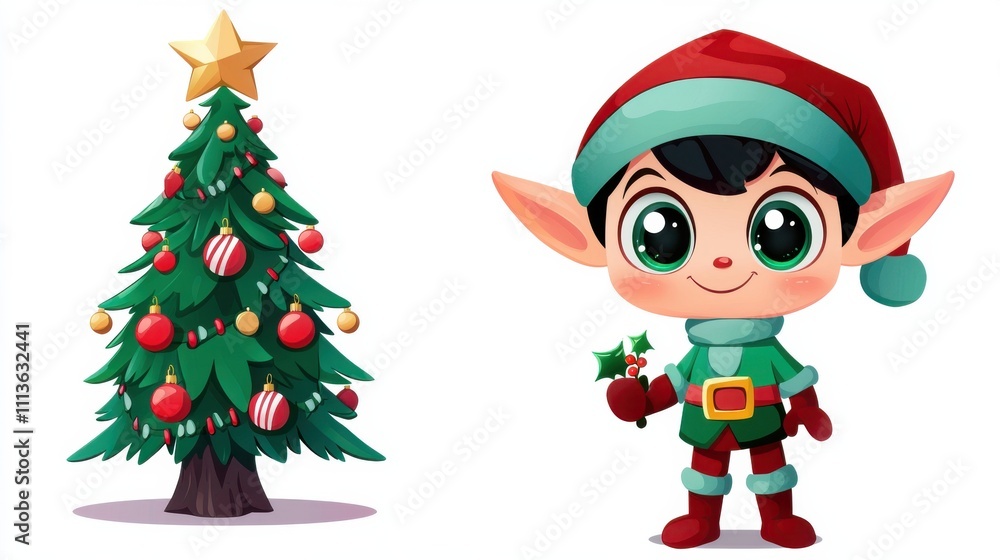Colorful Christmas Tree with Festive Elf Figure in Costume Colorful Christmas Tree with Festive Elf Figure in Costume