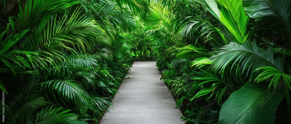 Lush Green Pathway Through Dense Tropical Foliage in an Exotic Jungle Setting Lush Green Pathway Through Dense Tropical Foliage in an Exotic Jungle Setting