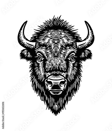 bison head engraving black and white outline