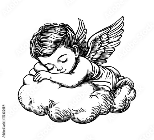 little angel sleep engraving black and white outline