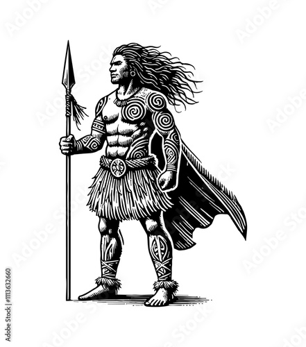 powerful Maori tribe warrior, standing tall, wearing traditional tribal attire made of woven materials