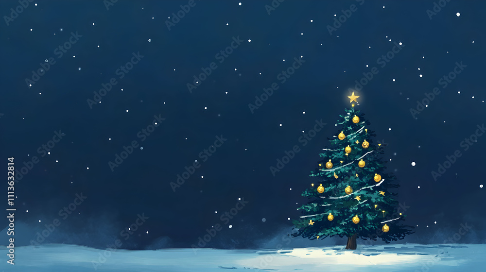 Naklejka premium Decorated Christmas Tree Under Snowy Night Sky