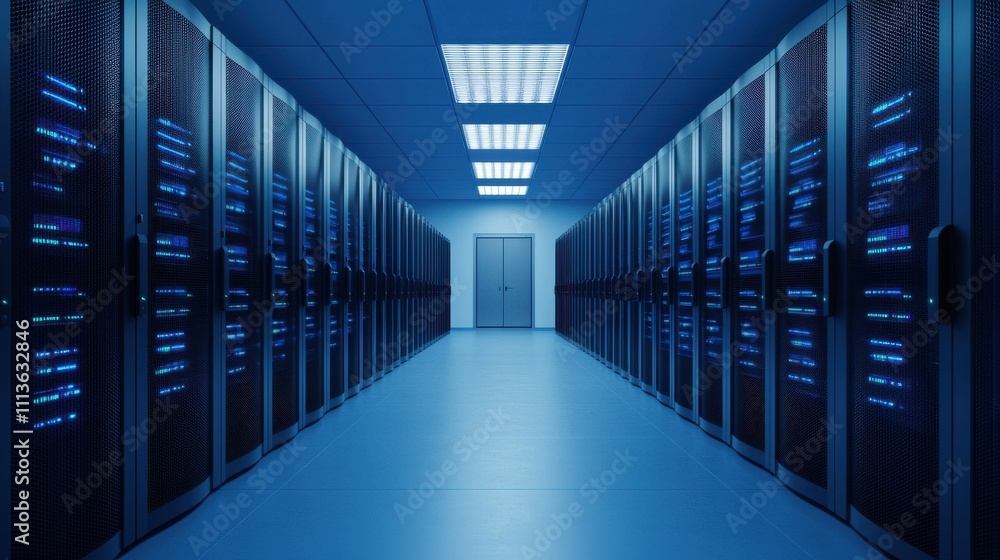Futuristic data center hallway with glowing server racks and modern blue lighting, showcasing technology and innovation Futuristic data center hallway with glowing server racks and modern blue lighting, showcasing technology and innovation