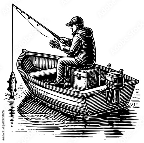 fisherman in a small wooden rowboat, fishing in the water engraving black and white outline