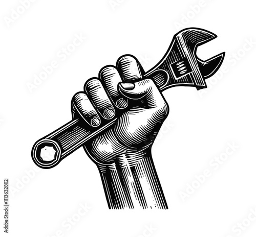 hand holding wrench engraving black and white outline