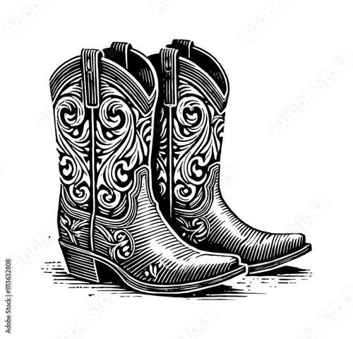 pair of cowboy boots in a woodcut engraving or linocut style engraving black and white outline