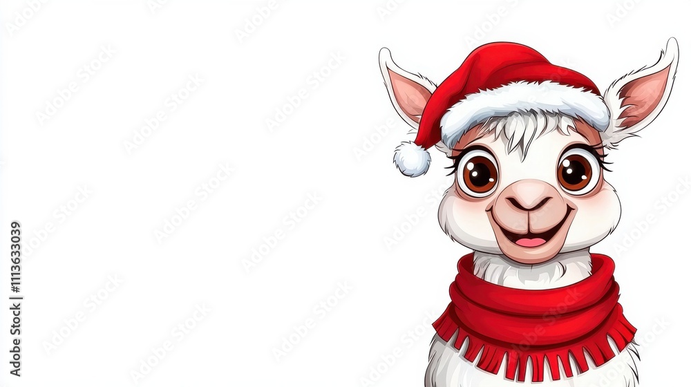 Cute Cartoon Llama Wearing Christmas Santa Hat and Scarf Cute Cartoon Llama Wearing Christmas Santa Hat and Scarf