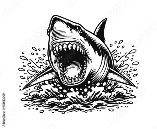 shark open mouth engraving black and white outline