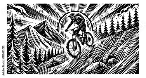 mountain biker riding downhill engraving black and white outline