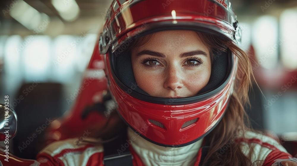Woman wearing a red helmet is smiling. She is wearing a red and white racing suit. The woman is posing for a picture Woman wearing a red helmet is smiling. She is wearing a red and white racing suit. The woman is posing for a picture
